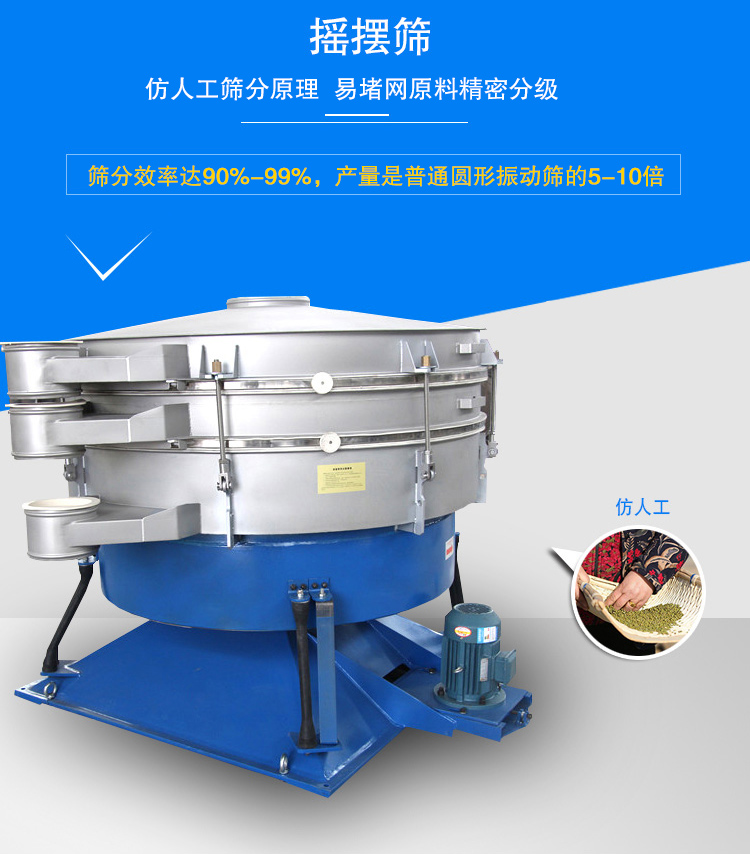 搖擺篩適合精細(xì)和超細(xì)范圍的粉末和微粒狀物料，產(chǎn)量大、精度高